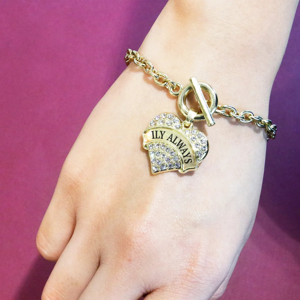 Gold ILY Always Pave Heart Charm Toggle Bracelet