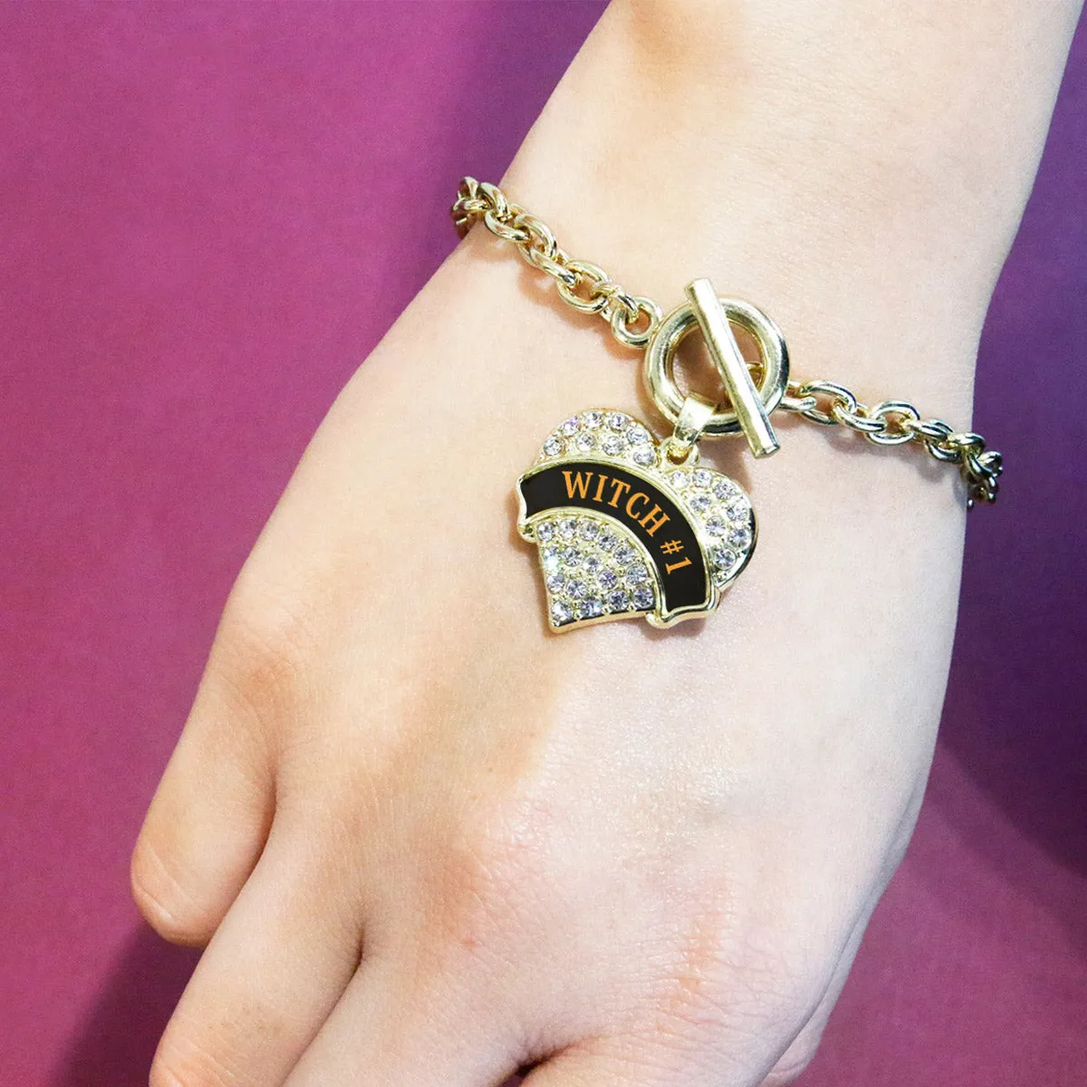 Gold Witch #1 Pave Heart Charm Toggle Bracelet