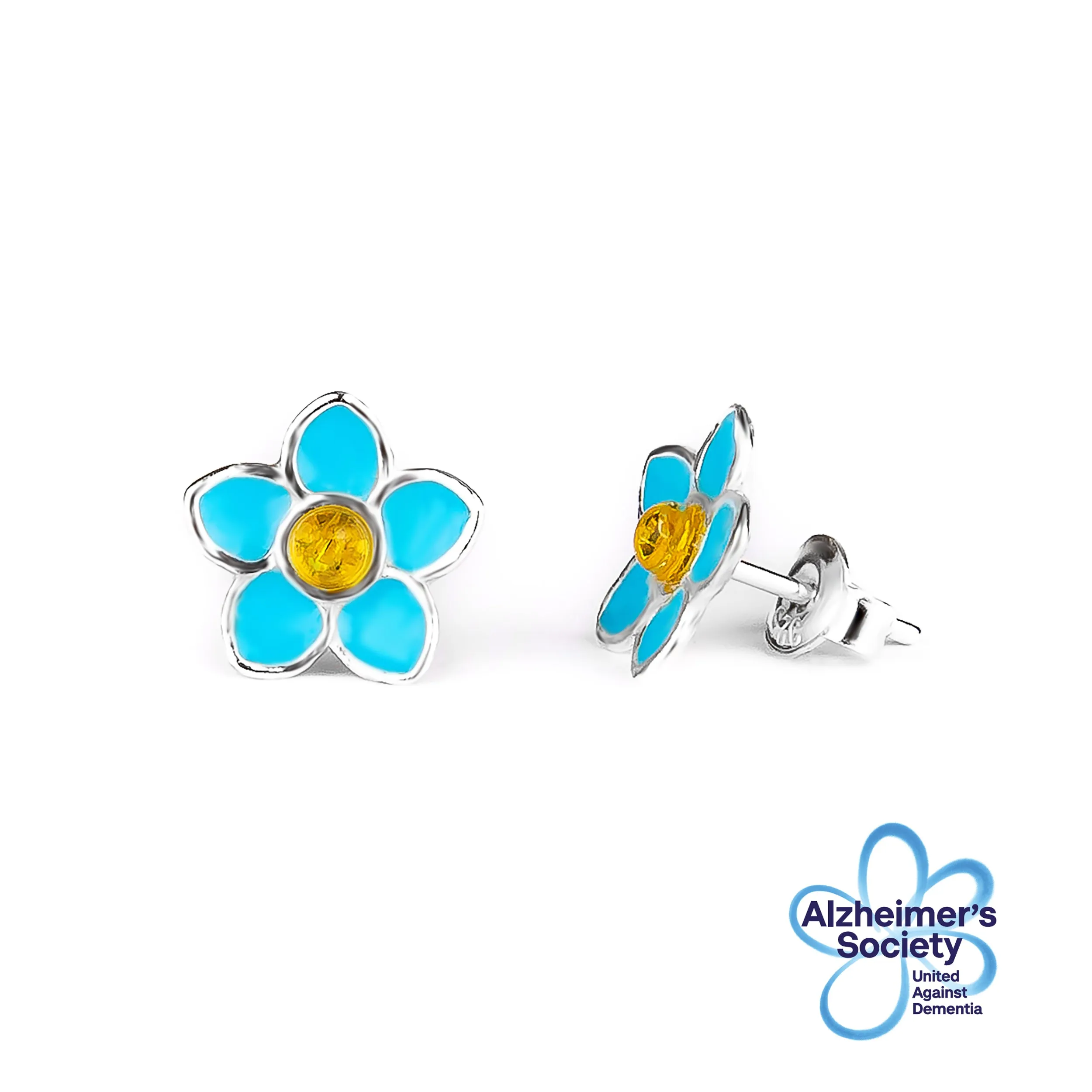 HAND-PAINTED FORGET ME NOT STUD EARRINGS IN SILVER AND AMBER