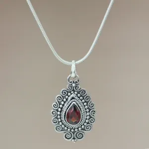 Handcrafted Sterling Silver and Garnet Pendant Necklace - Queen of Bali | NOVICA