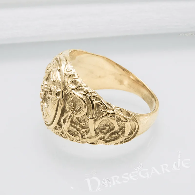 Handcrafted Urnes Style Ravens Ring - Gold