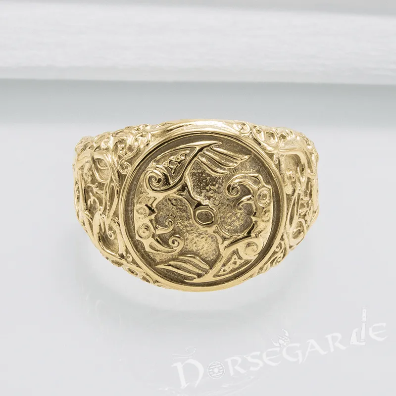 Handcrafted Urnes Style Ravens Ring - Gold