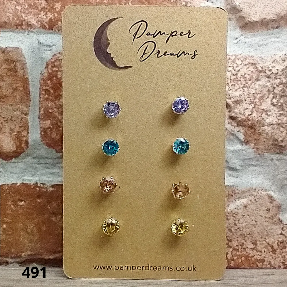 Hypoallergenic Stainless Steel CZ & Opalite Earring Set 4 Pairs Gold Colour -  491