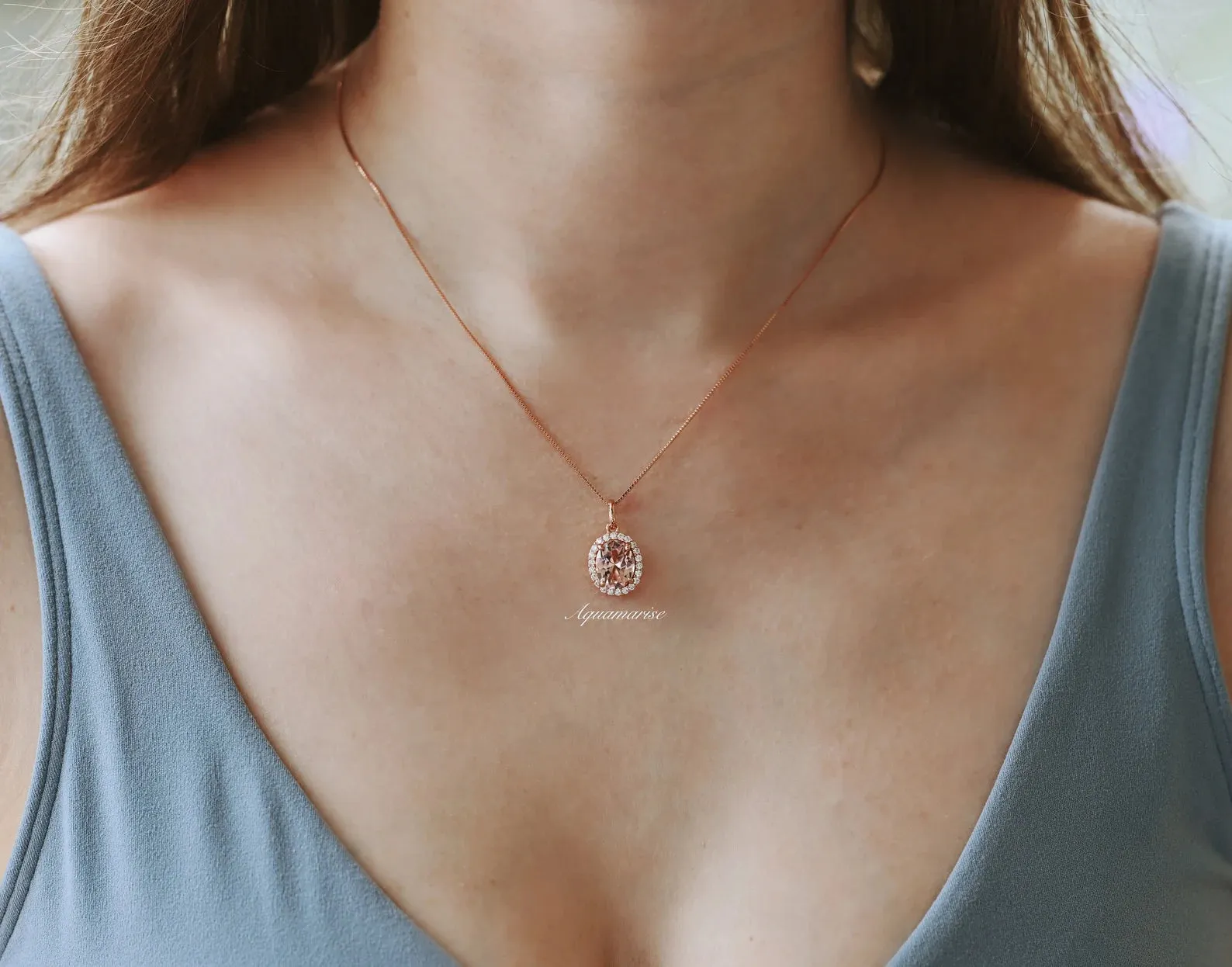 Iris Oval Morganite Necklace- 14K Rose Gold Vermeil