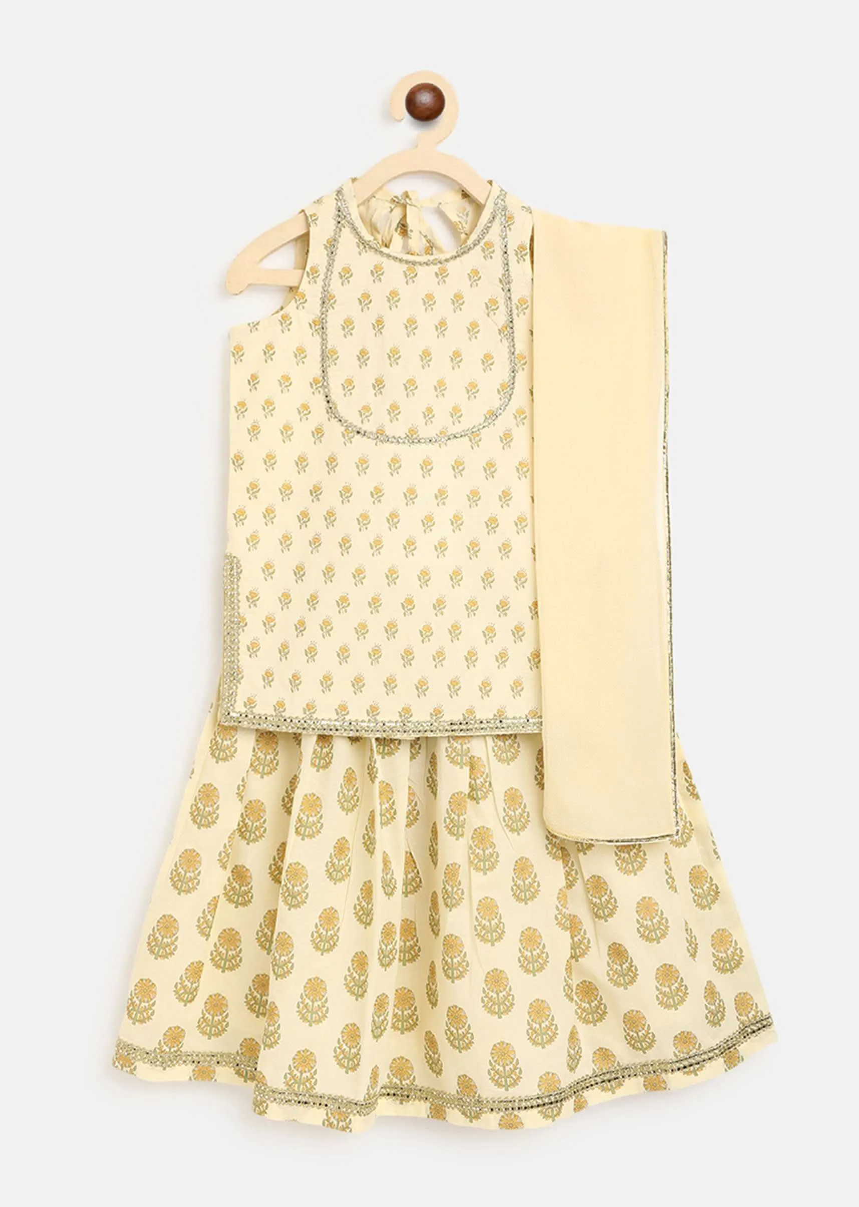 Kalki Girls Cream Lehenga And Kurta Set In Cotton With Floral Butti Print By Tiber Taber