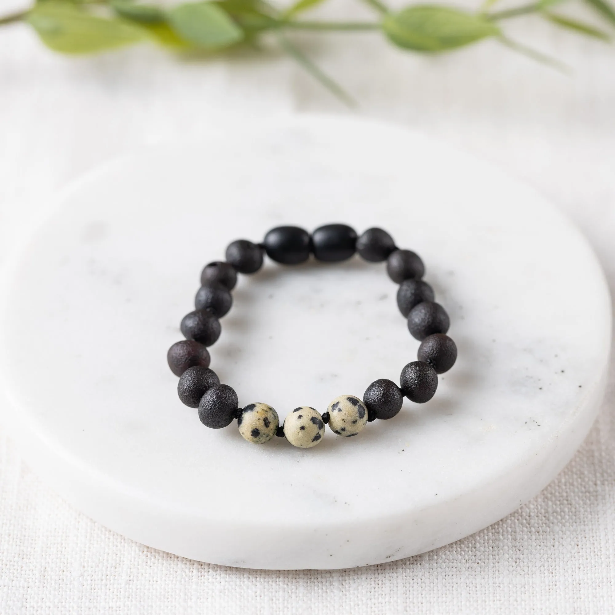Kids | Dalmatian Jasper   Raw Cherry Amber Bracelet