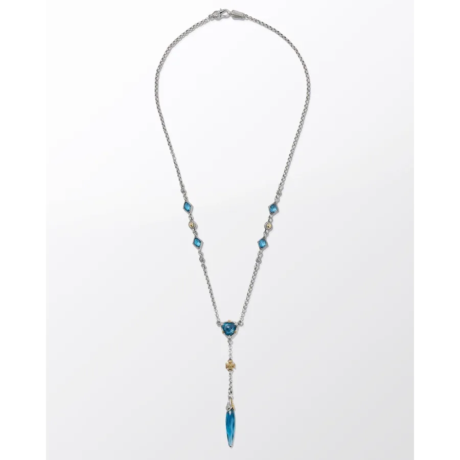 Konstantino Anthos Silver and 18K Gold Cross and Dagger Drop Necklace with Blue Spinel