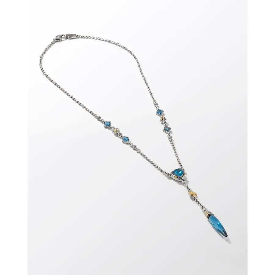 Konstantino Anthos Silver and 18K Gold Cross and Dagger Drop Necklace with Blue Spinel
