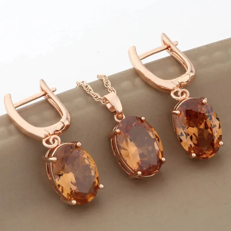 Ladies Beautiful Oval Amber Cubic Zirconia Pendant And Earrings