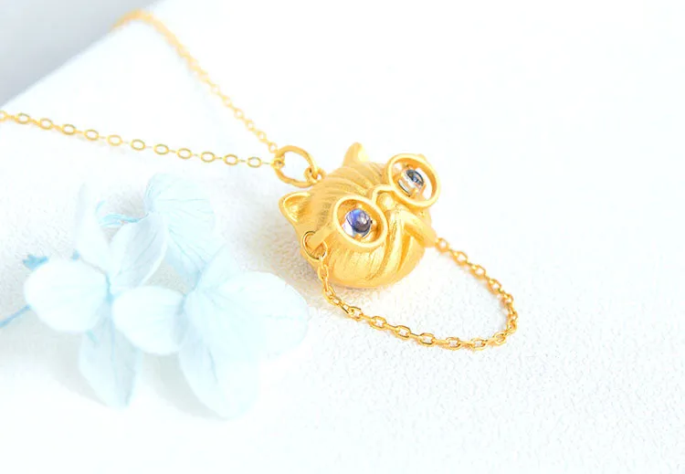 Ladies Cat Shaped Gold Plated Sterling Silver Moonstone Pendant Necklace For Women