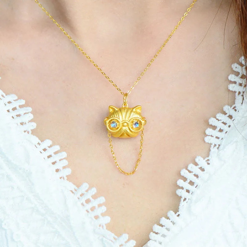Ladies Cat Shaped Gold Plated Sterling Silver Moonstone Pendant Necklace For Women