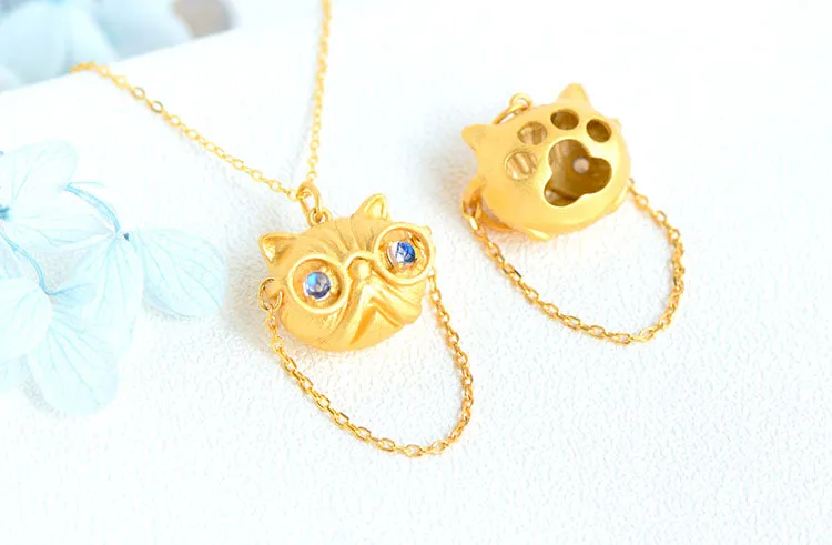 Ladies Cat Shaped Gold Plated Sterling Silver Moonstone Pendant Necklace For Women