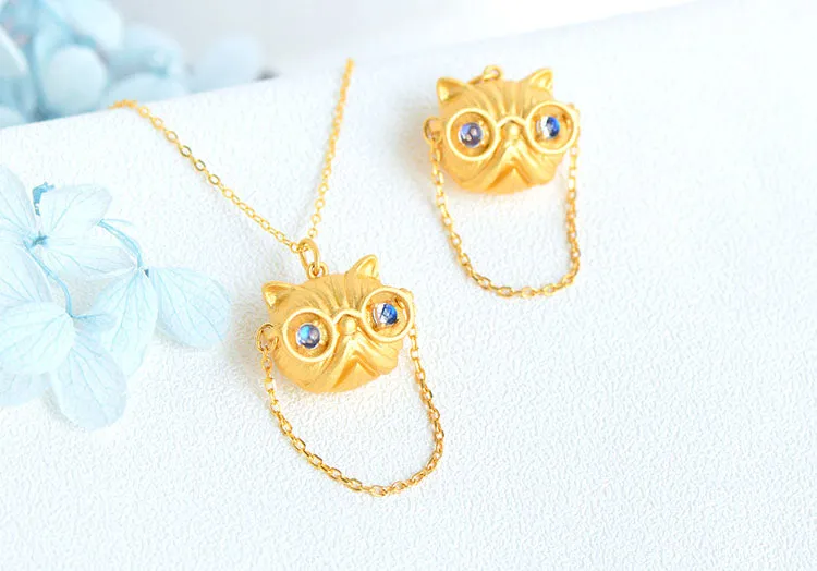 Ladies Cat Shaped Gold Plated Sterling Silver Moonstone Pendant Necklace For Women