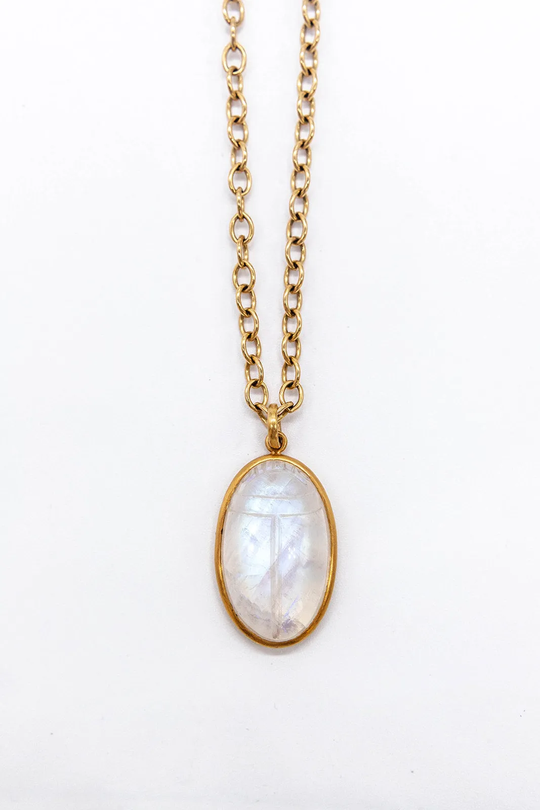 Large Rainbow Moonstone Scarab Necklace