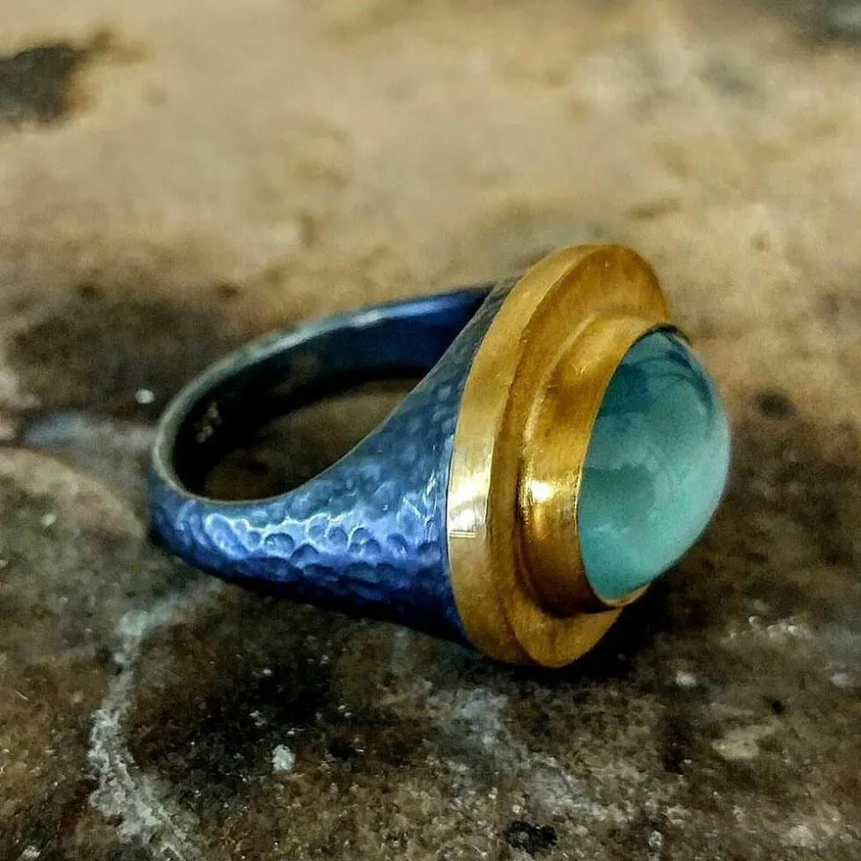 Lika Behar "Pompei" Blue Topaz Mother of Pearl Oval Doublet Ring 24K Gold & Oxidized Silver