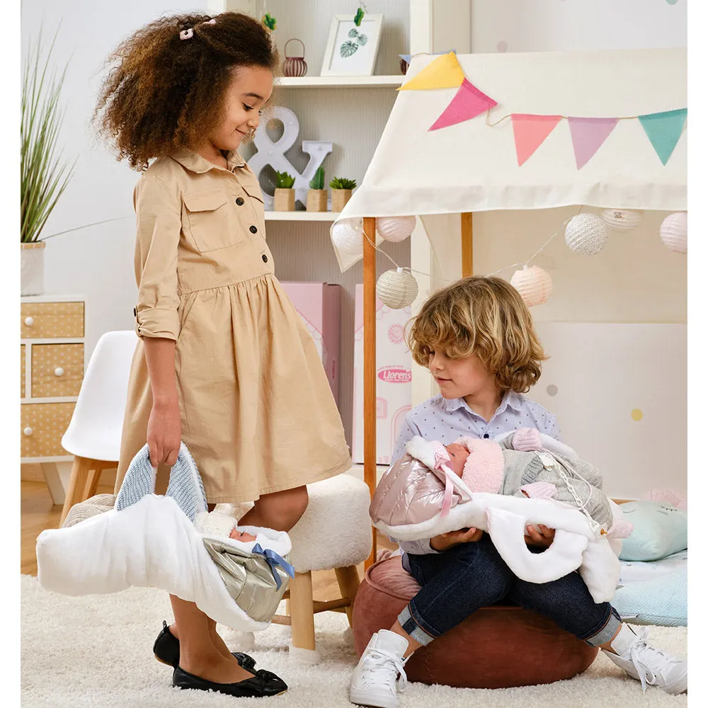 Llorens Dolls: Baby Girl Mimi Doll with Metallic Baby Carrier Carrycot 42cm (Mechanism Optional)