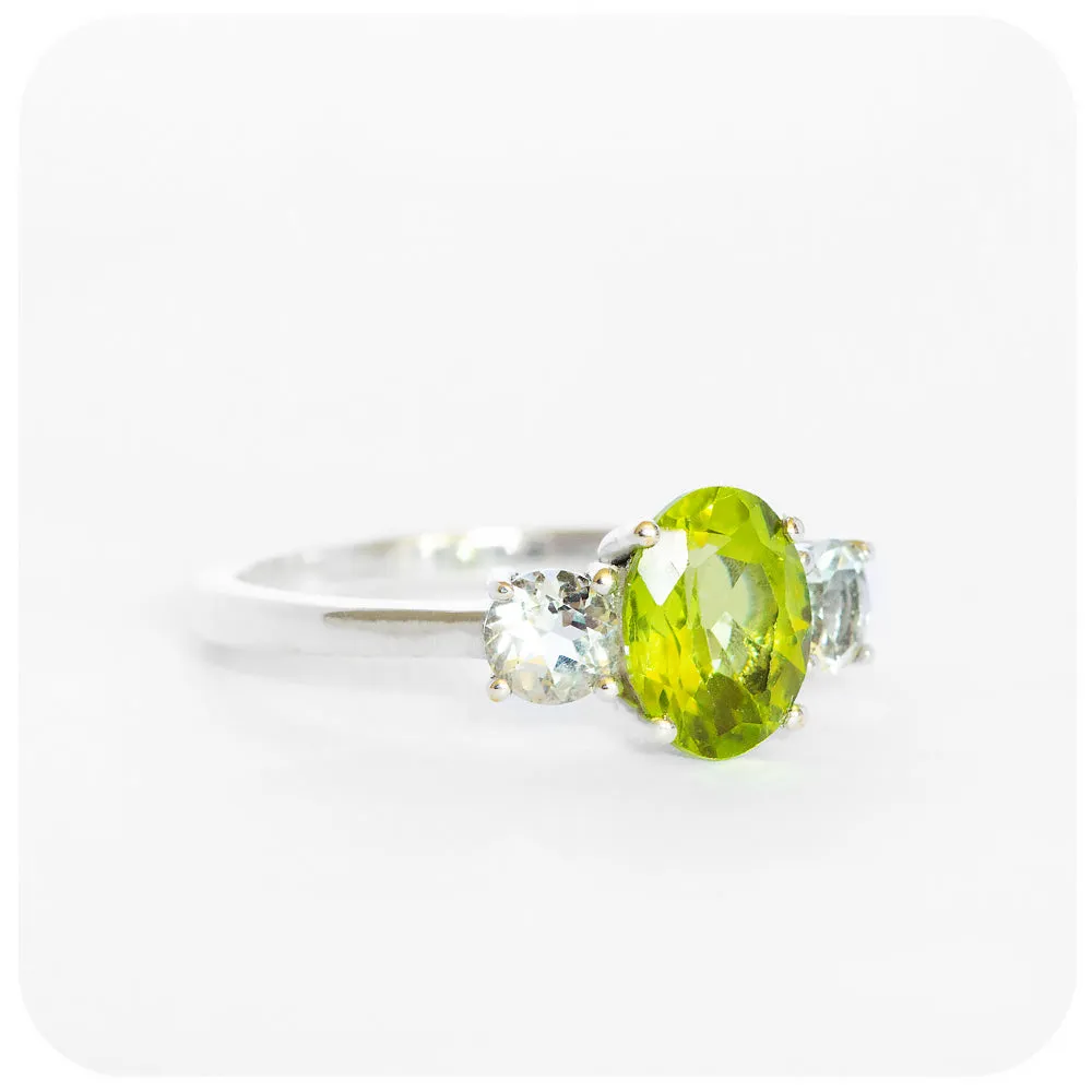 Lucy, a Peridot and Prasiolite Trilogy Ring