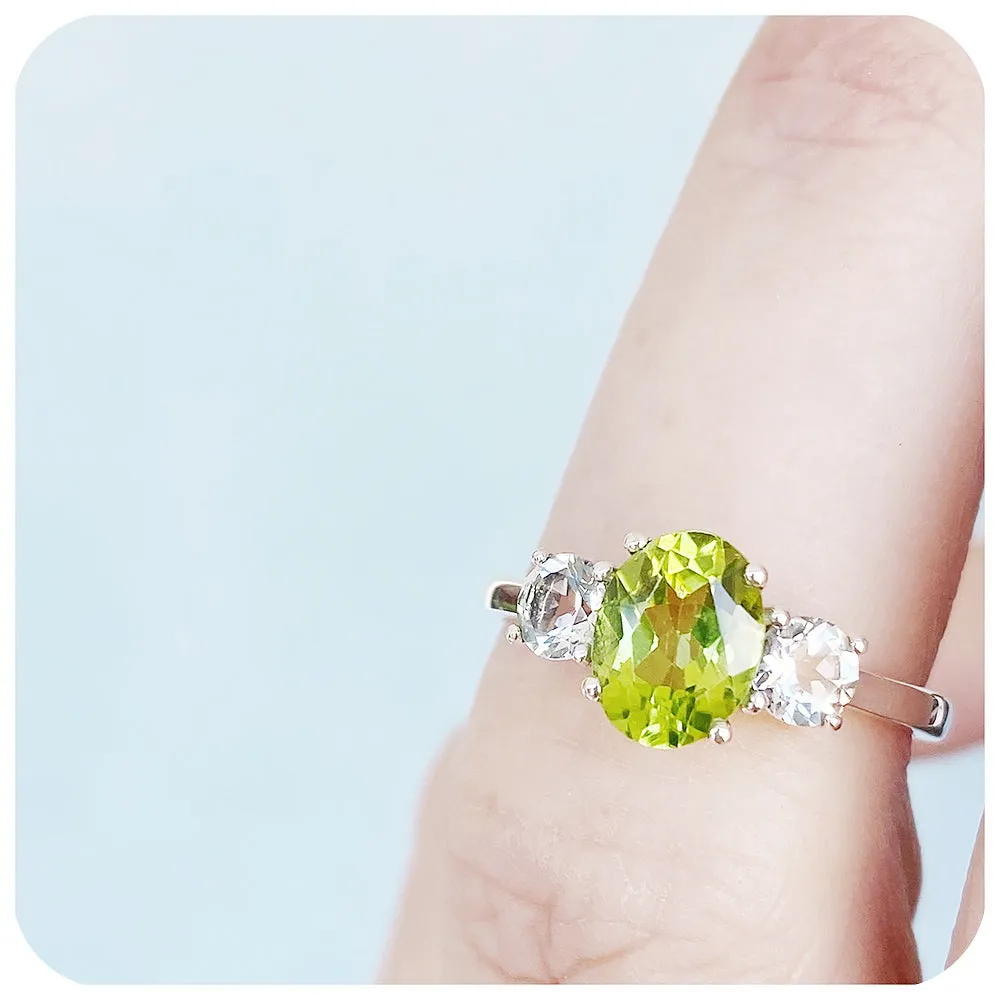 Lucy, a Peridot and Prasiolite Trilogy Ring