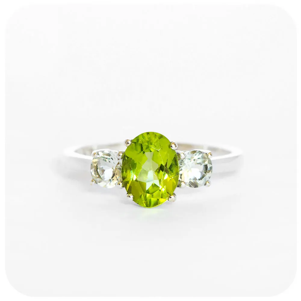 Lucy, a Peridot and Prasiolite Trilogy Ring