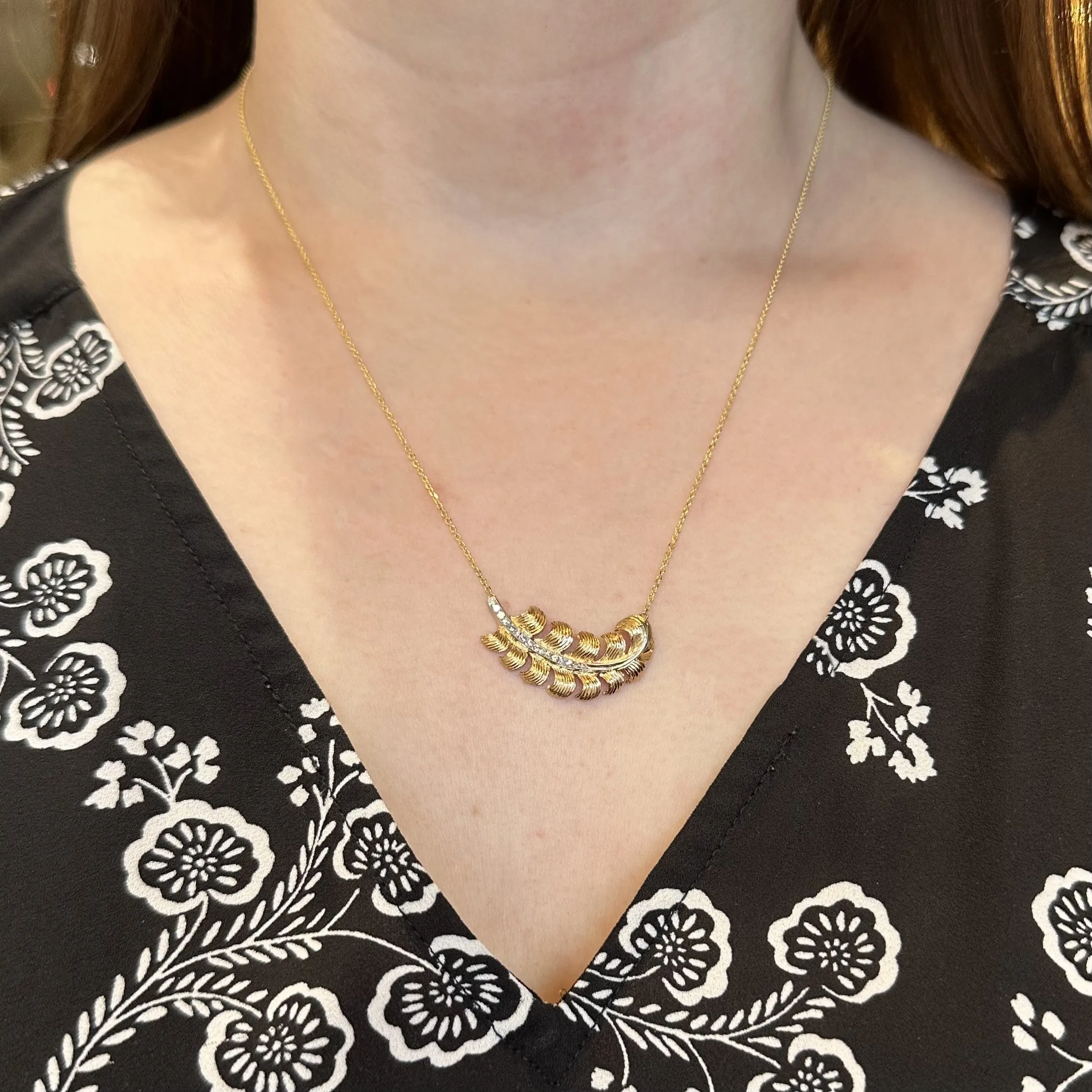 Mid-Century 14K Yellow Gold Diamond Feather Necklace
