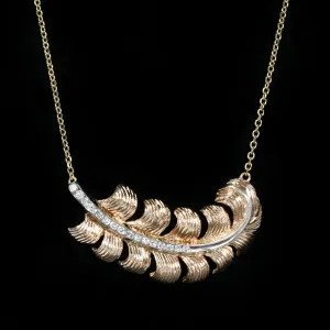 Mid-Century 14K Yellow Gold Diamond Feather Necklace