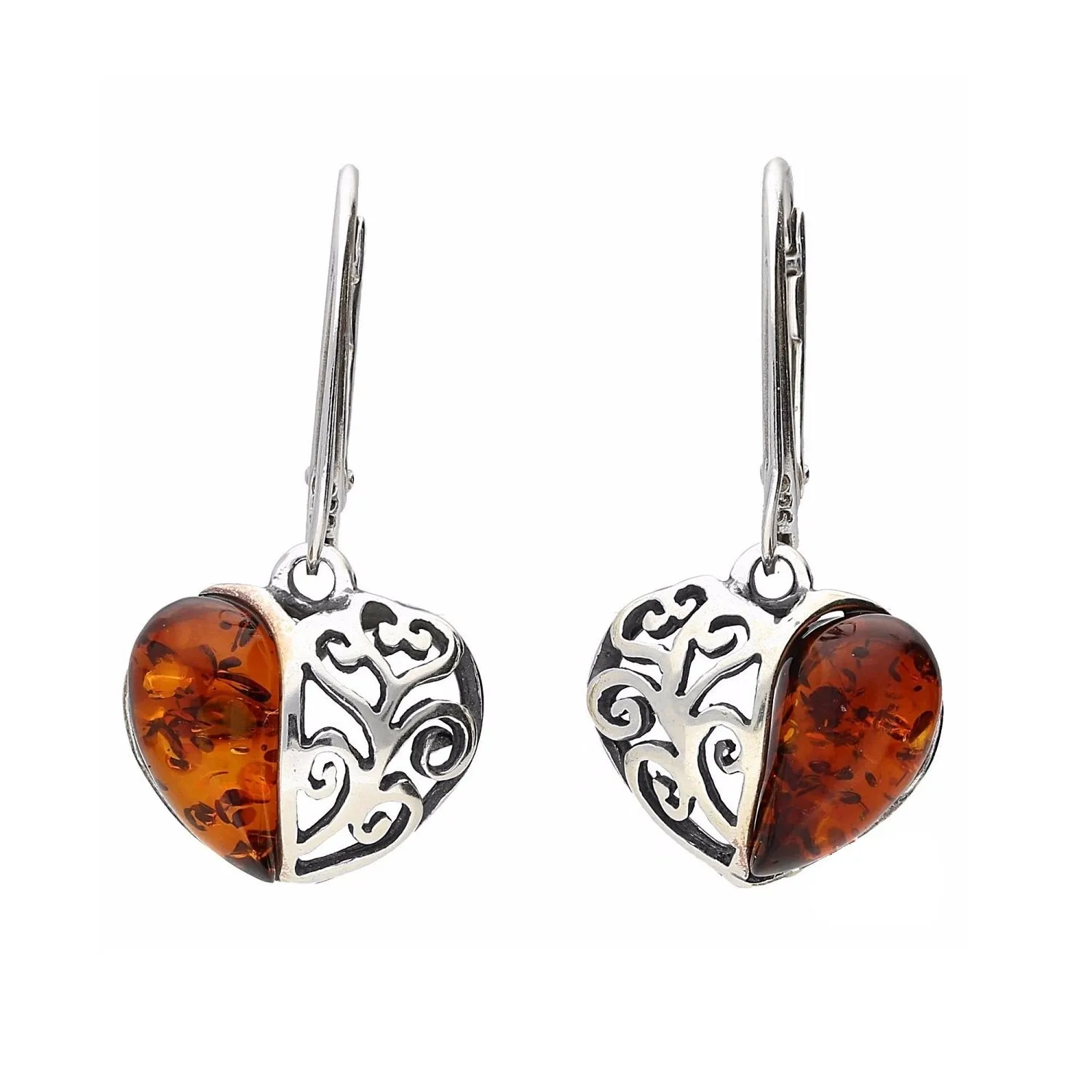 MILENA Drop Earrings Silver and Amber Heart Filigree