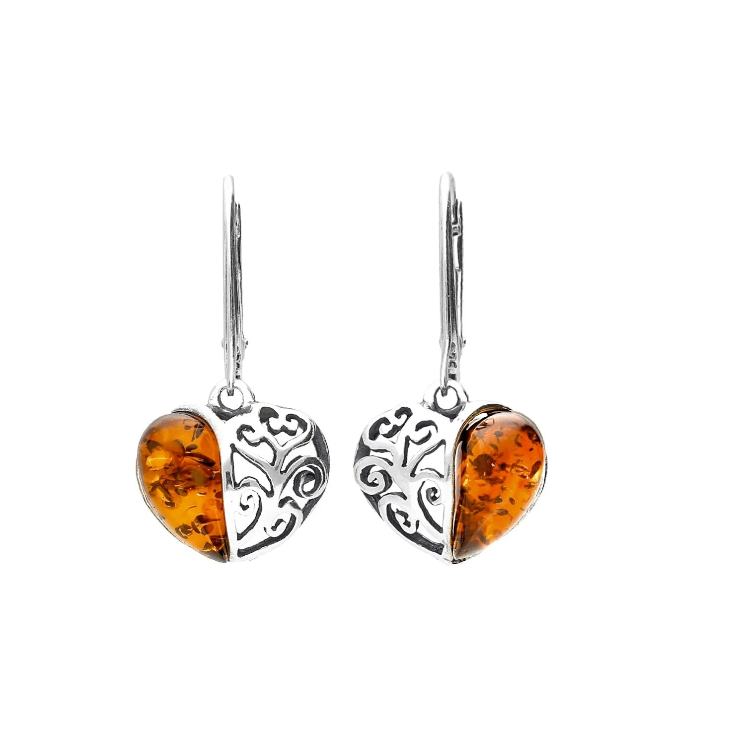 MILENA Drop Earrings Silver and Amber Heart Filigree