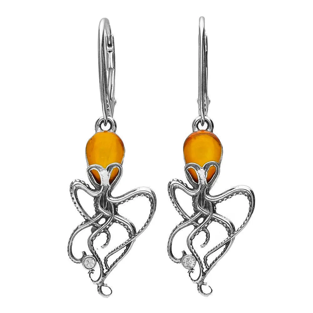 MILENA Drop Earrings Silver and Amber Octopus
