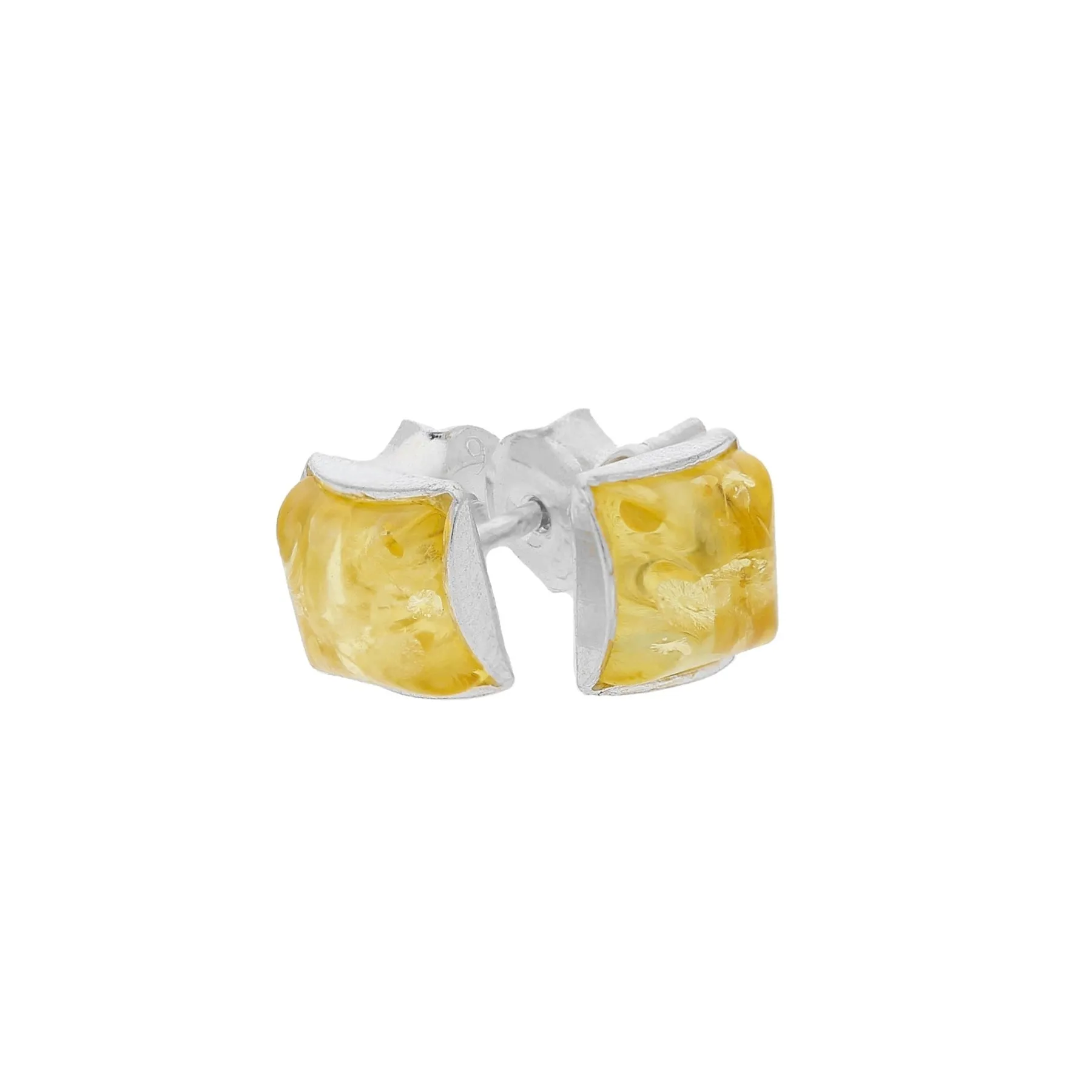MILENA Stud Earrings Silver and Yellow Amber Square 5mm