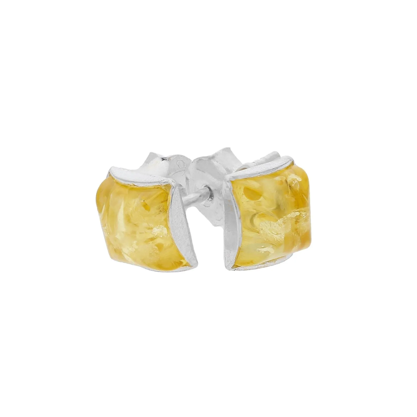 MILENA Stud Earrings Silver and Yellow Amber Square 6mm