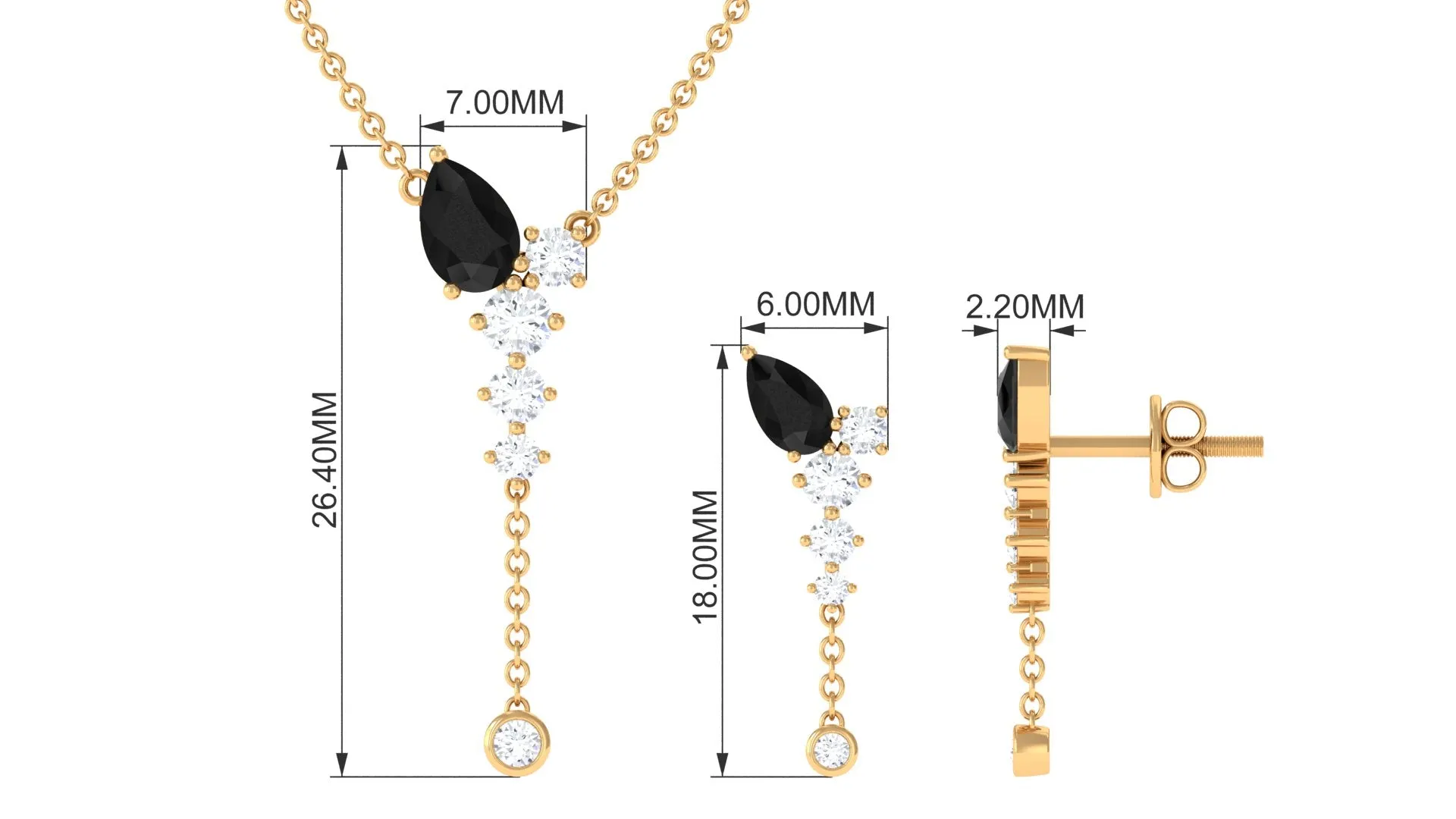 Minimal Created Black Diamond Dangle Necklace and Earrings Set with Moissanite