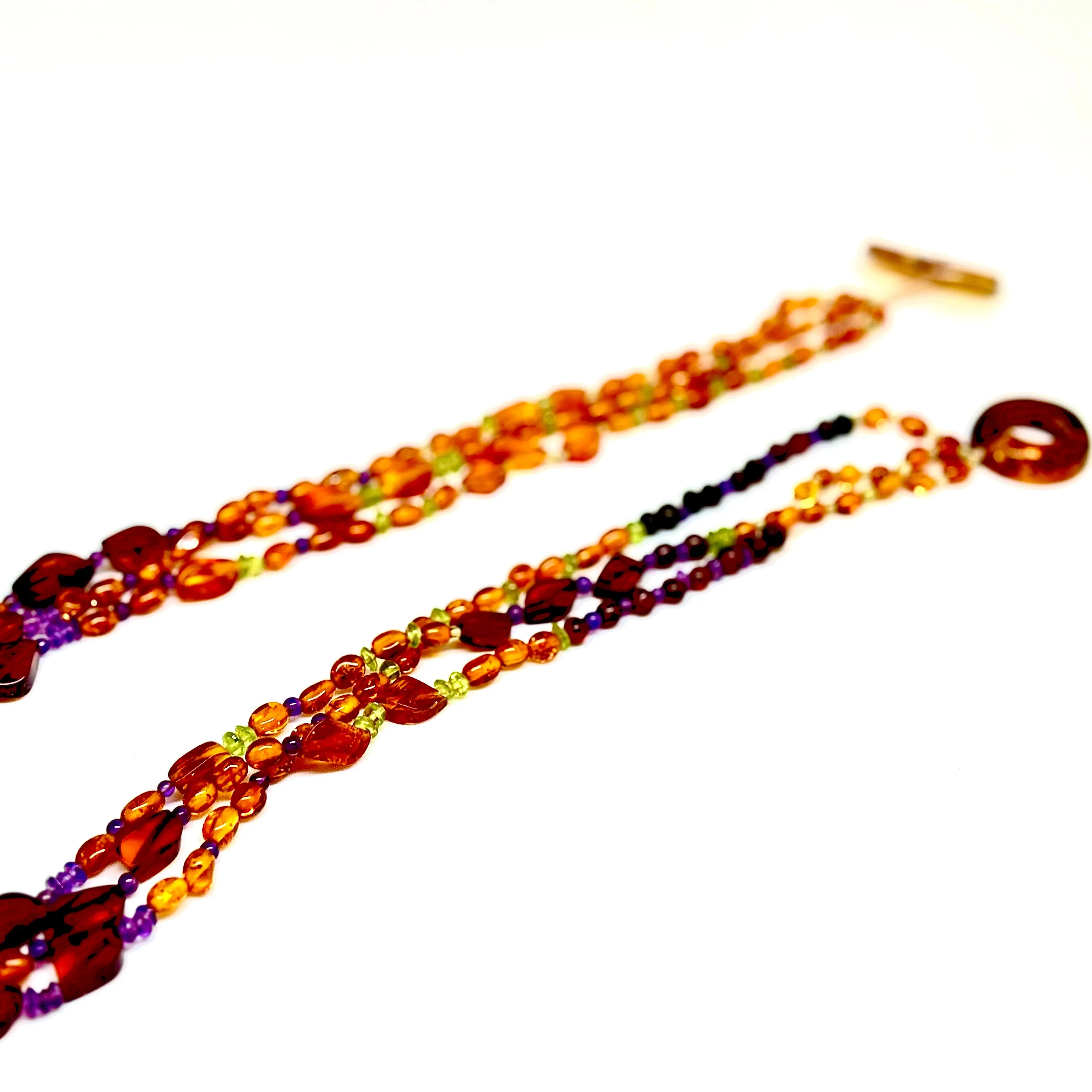 Multi color Baltic Amber Peridot and Amethyst Beaded Necklace