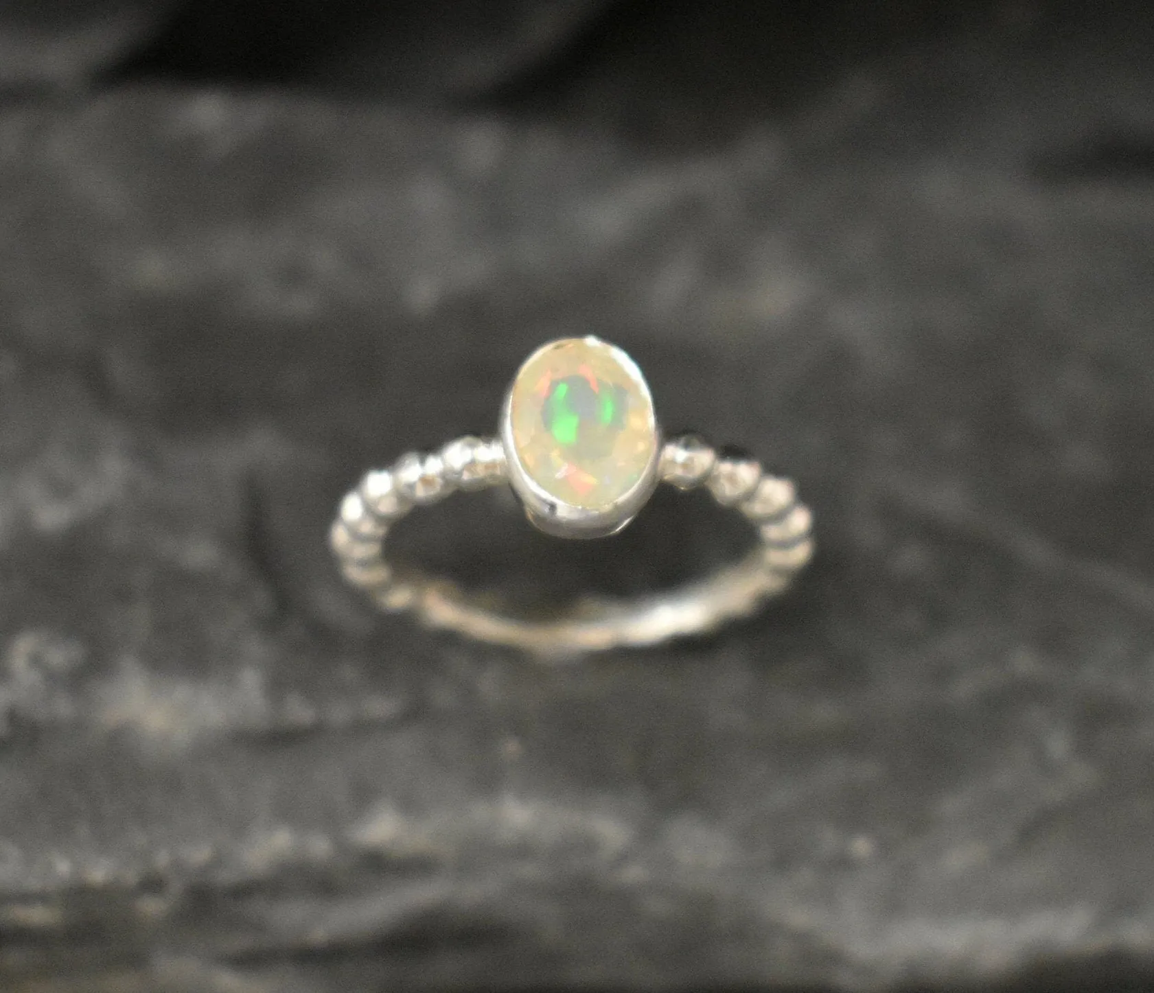 Natural Opal Ring - Oval Bezel Ring - Silver Bubble Band