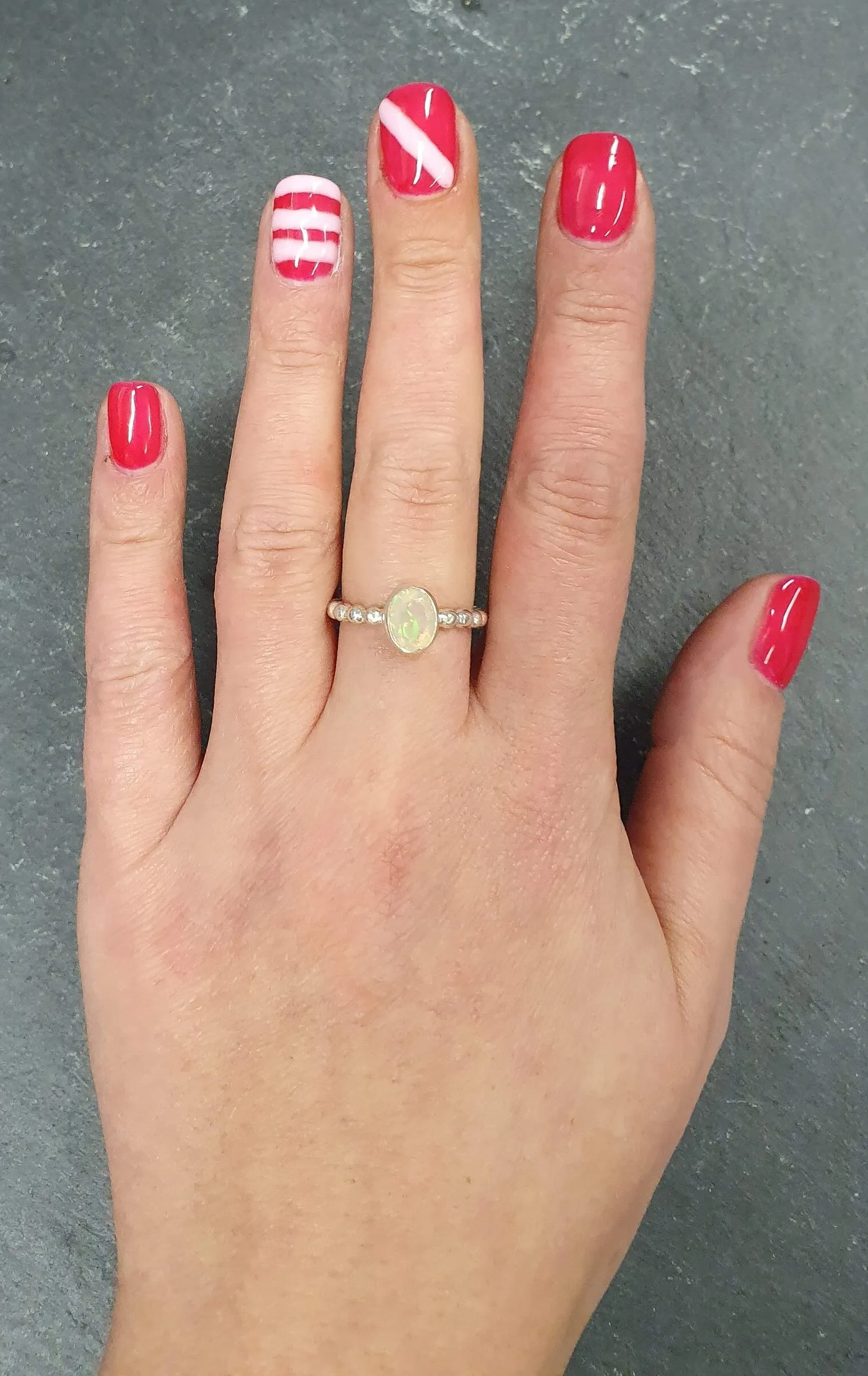 Natural Opal Ring - Oval Bezel Ring - Silver Bubble Band