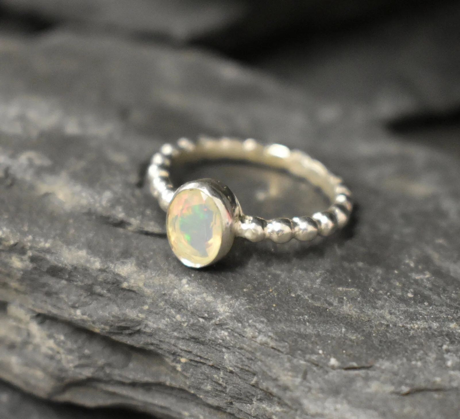 Natural Opal Ring - Oval Bezel Ring - Silver Bubble Band