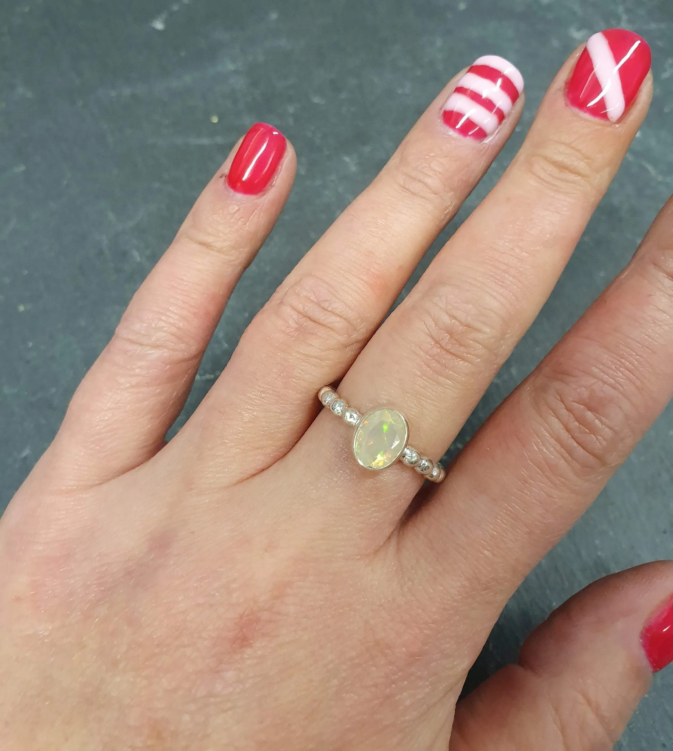 Natural Opal Ring - Oval Bezel Ring - Silver Bubble Band