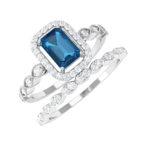 Octagon Cut London Blue Topaz and Diamond Designer Ring Set
