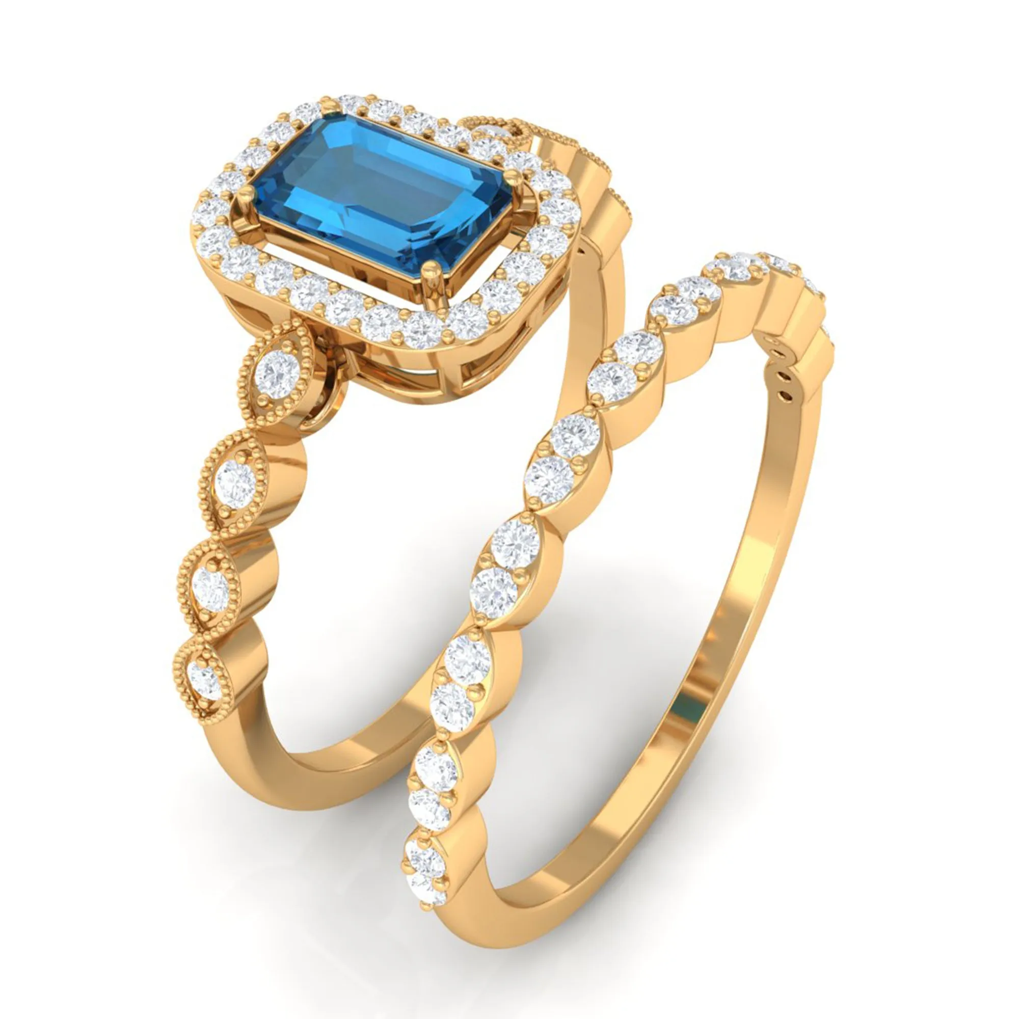 Octagon Cut London Blue Topaz and Diamond Designer Ring Set