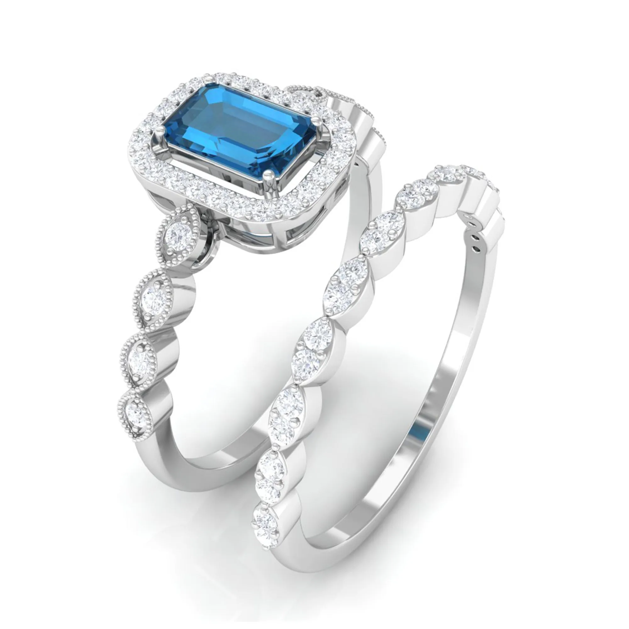 Octagon Cut London Blue Topaz and Diamond Designer Ring Set