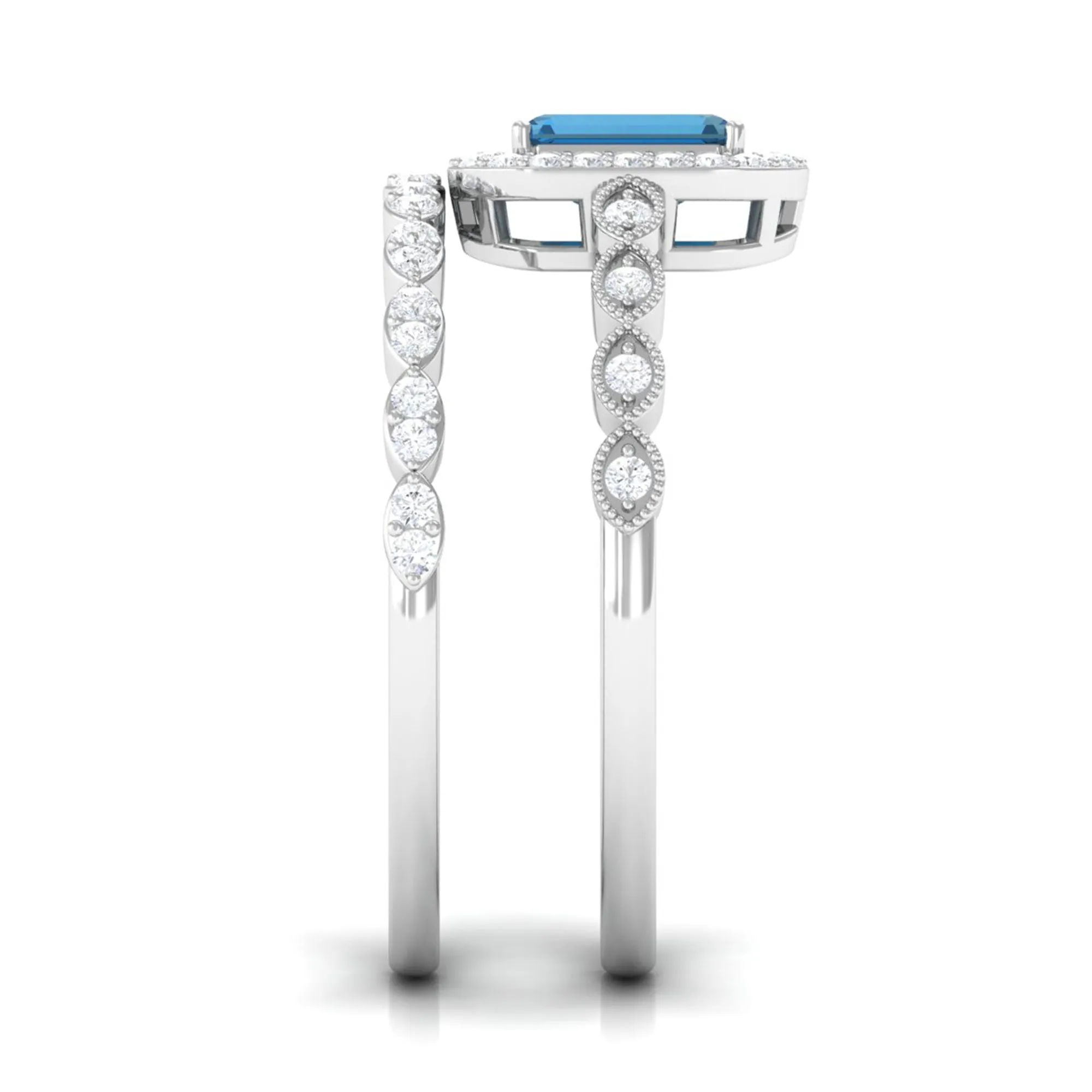 Octagon Cut London Blue Topaz and Diamond Designer Ring Set