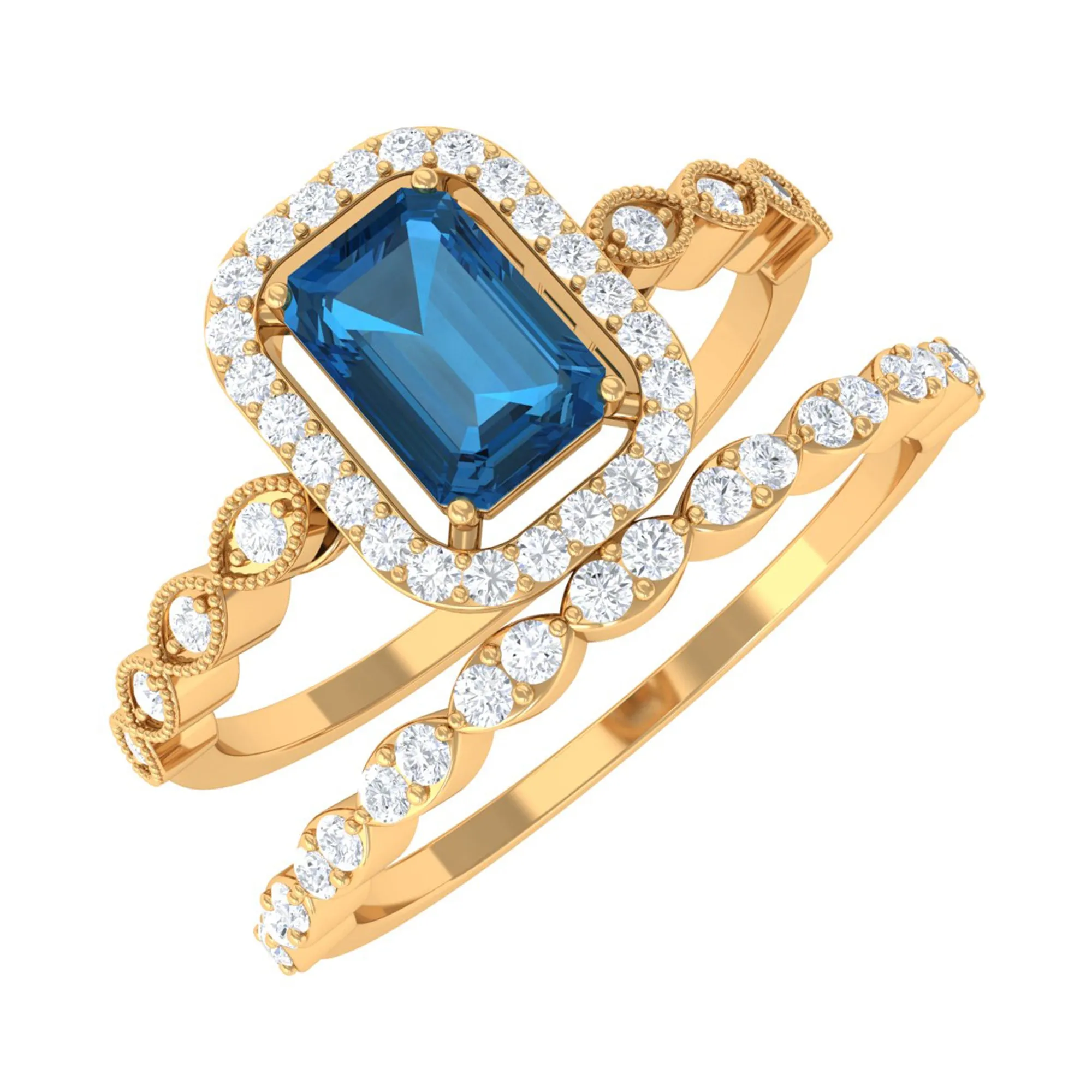 Octagon Cut London Blue Topaz and Diamond Designer Ring Set