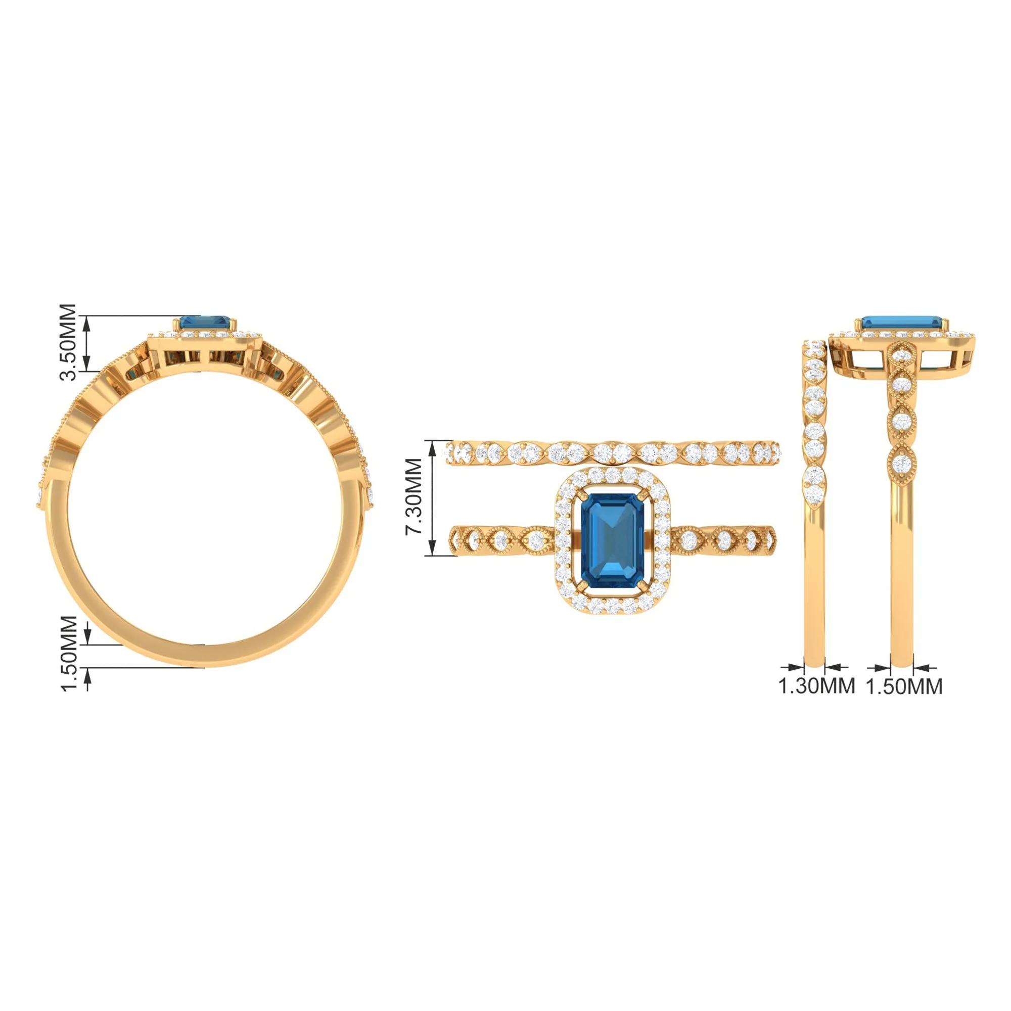 Octagon Cut London Blue Topaz and Diamond Designer Ring Set