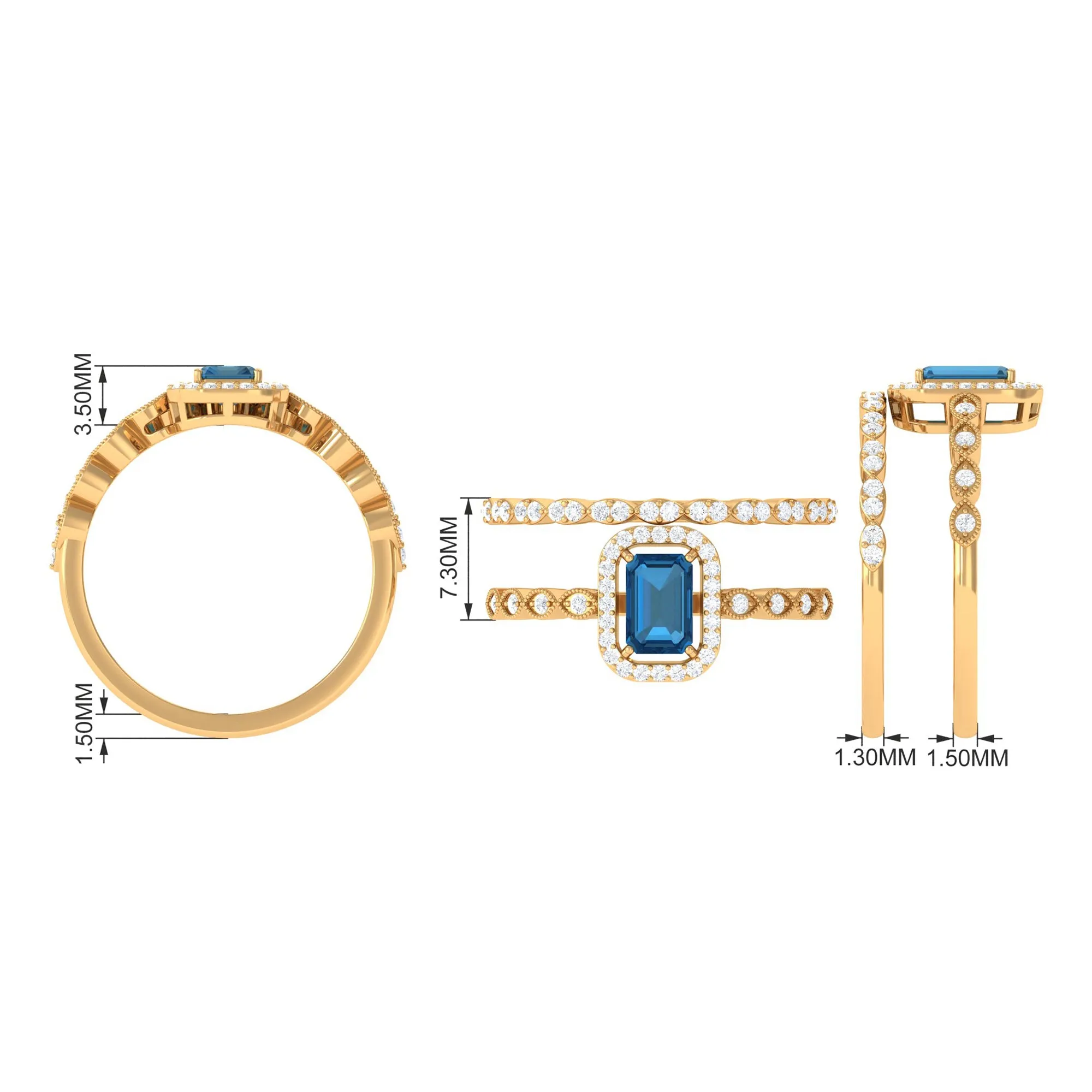 Octagon Cut London Blue Topaz and Diamond Designer Ring Set