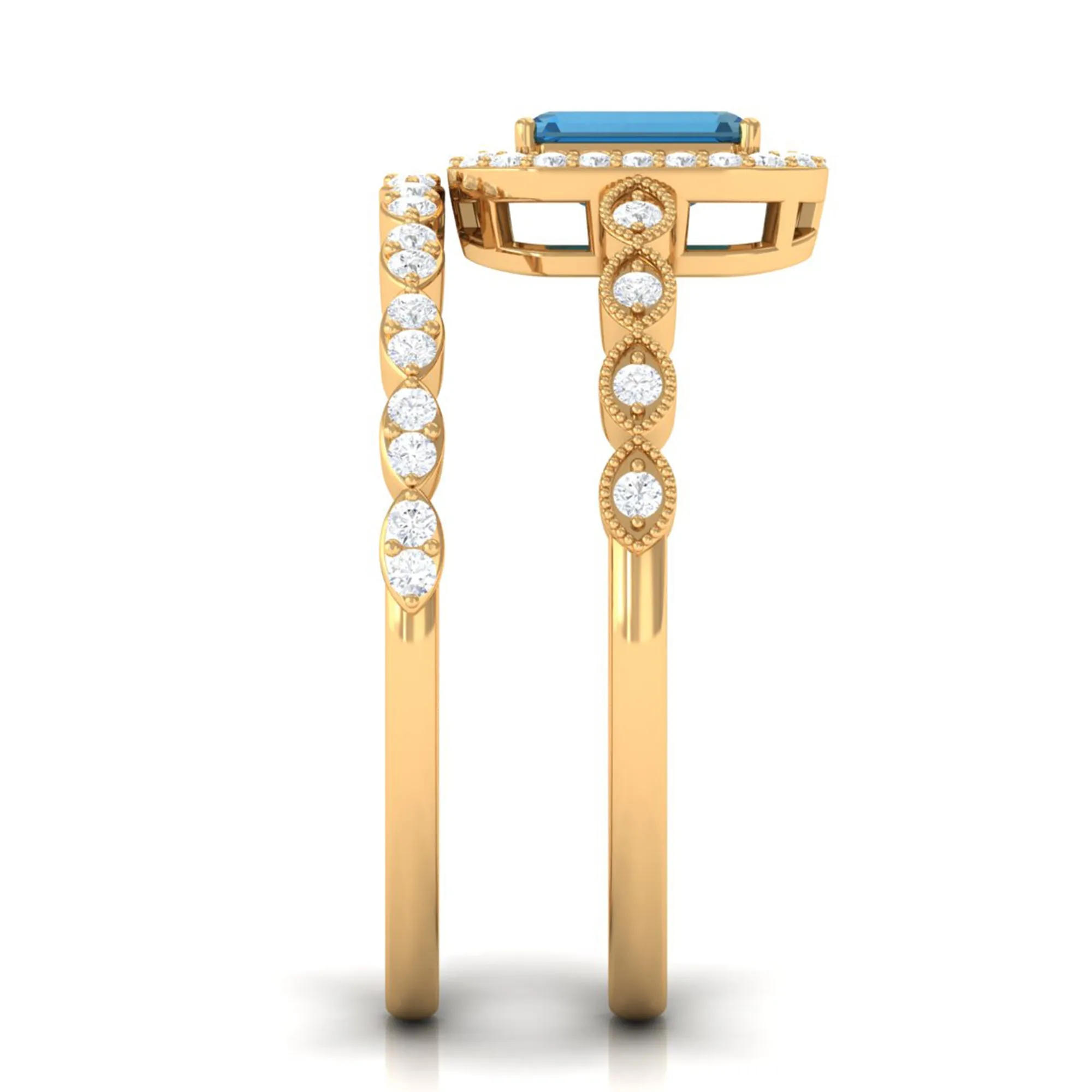 Octagon Cut London Blue Topaz and Diamond Designer Ring Set