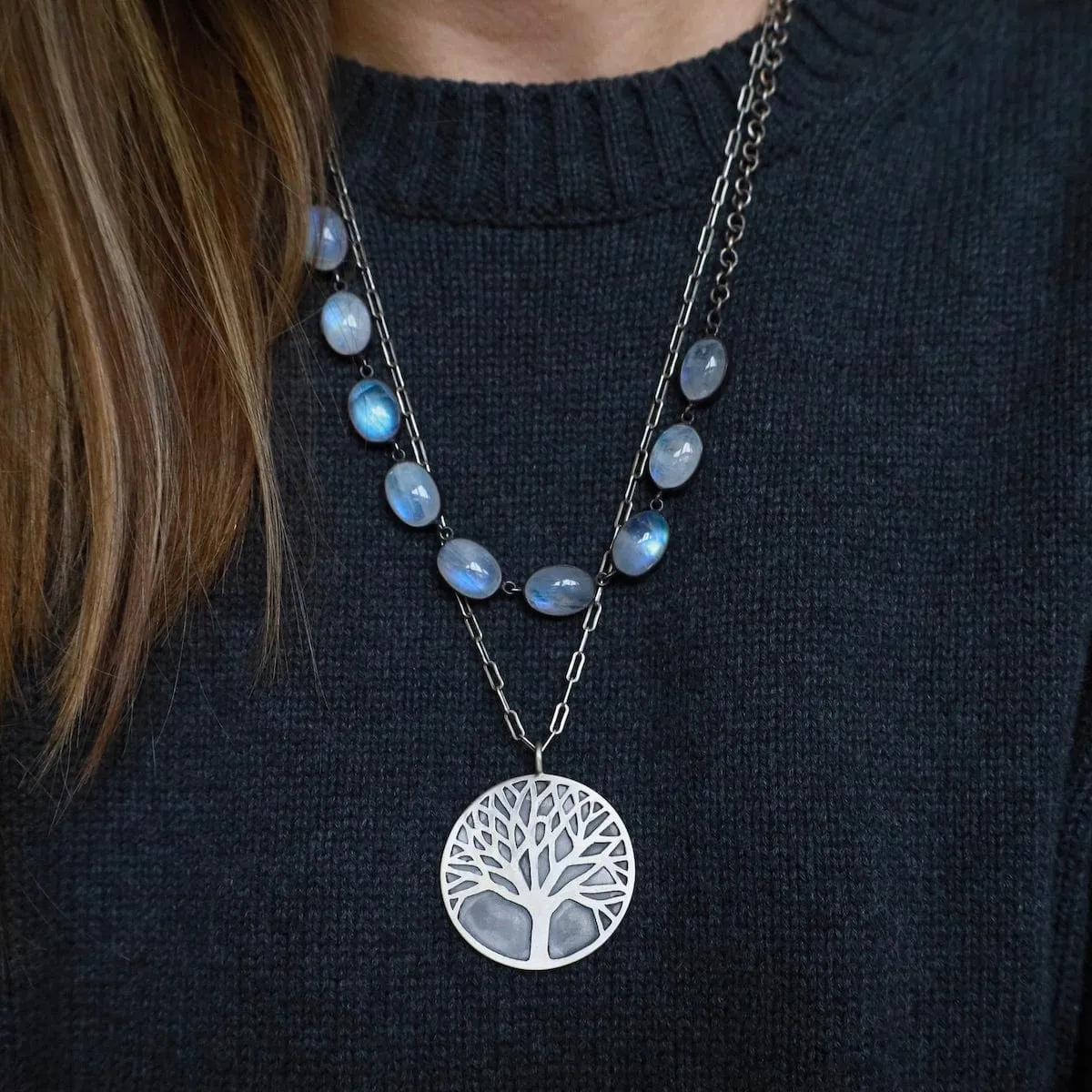 Oval Rainbow Moonstone Cabochon Chain Necklace