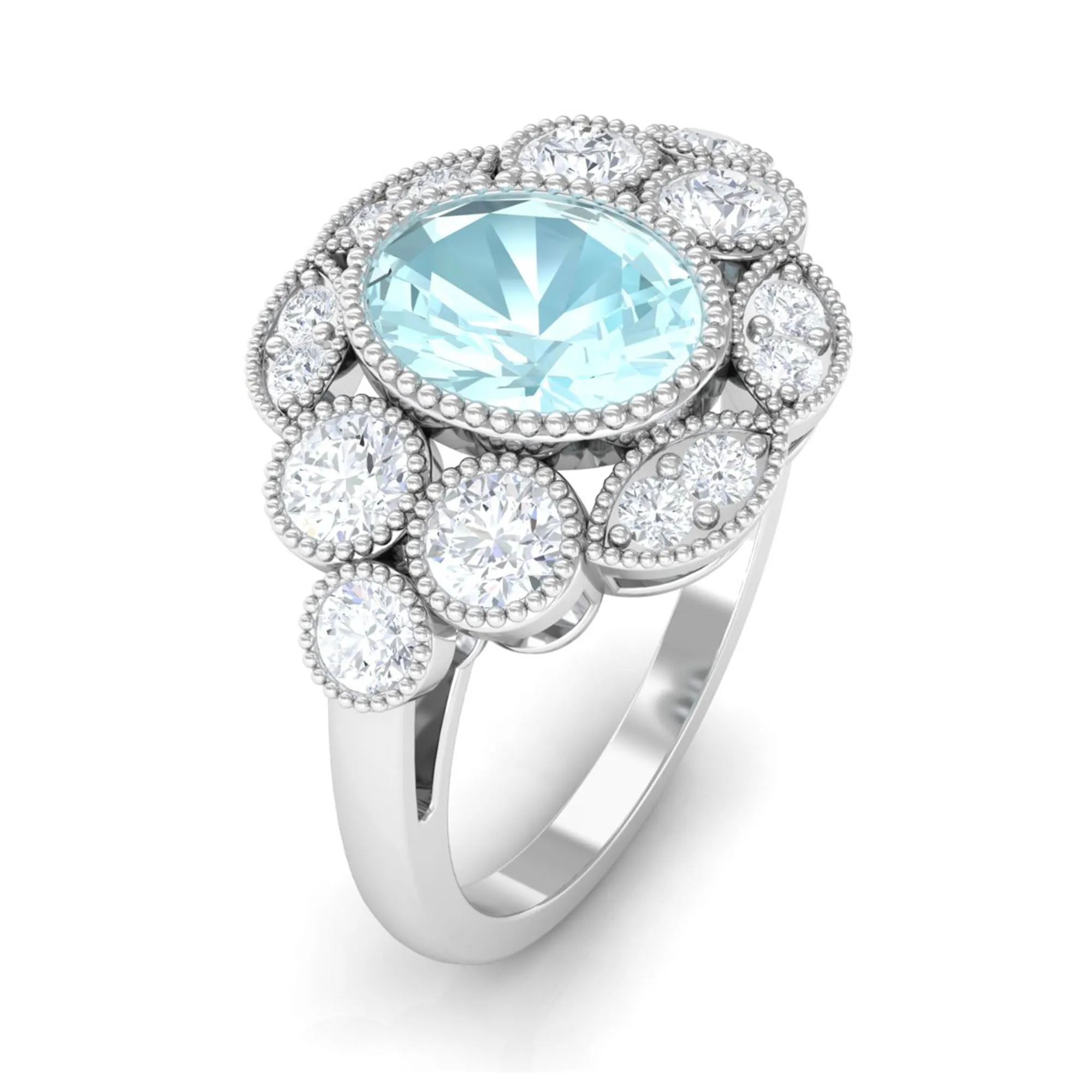 Oval Sky Blue Topaz Statement Engagement Ring with Moissanite Halo