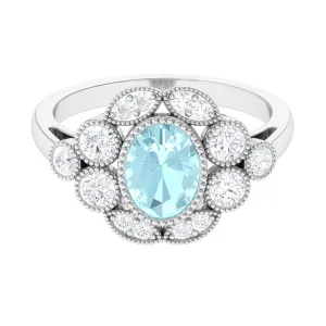 Oval Sky Blue Topaz Statement Engagement Ring with Moissanite Halo