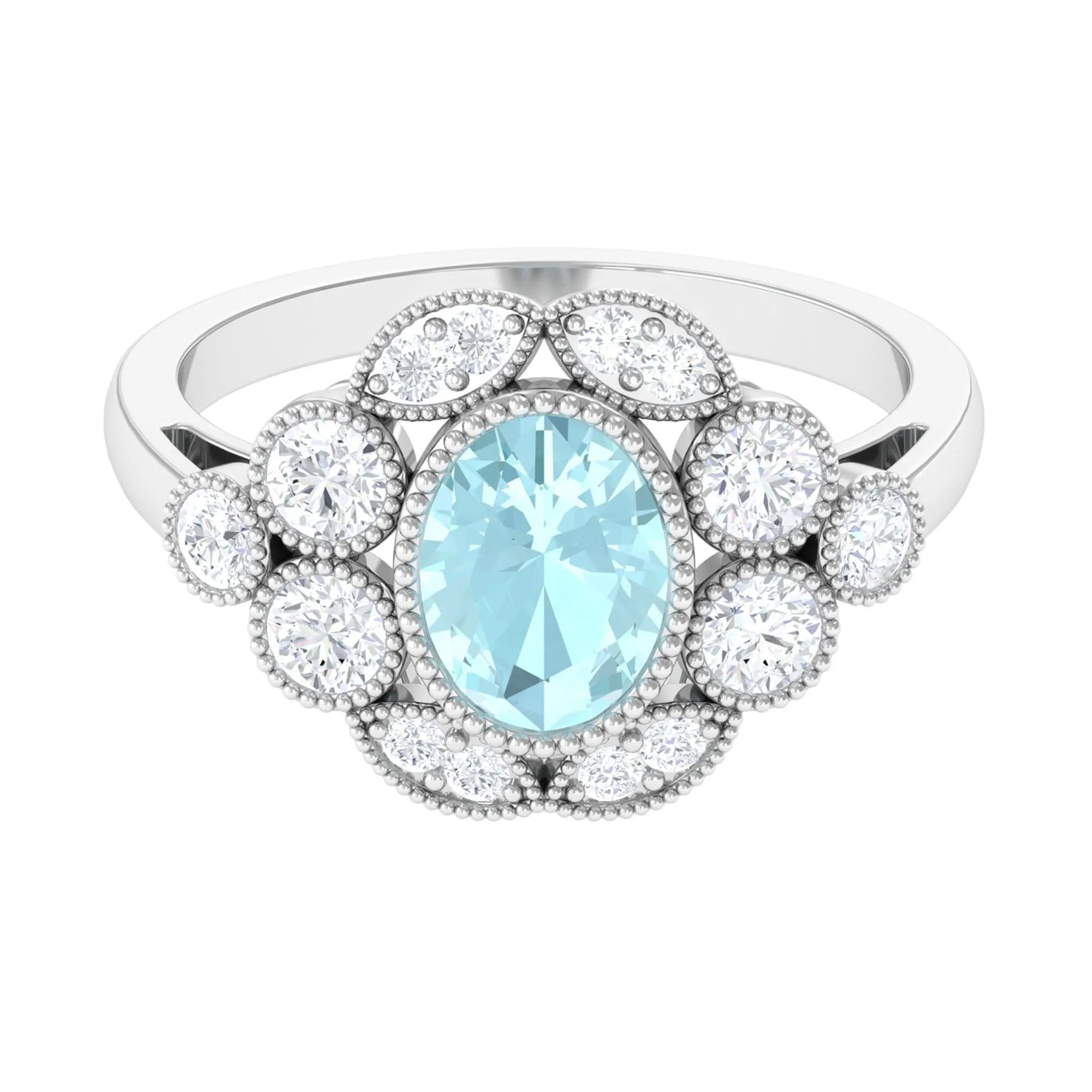 Oval Sky Blue Topaz Statement Engagement Ring with Moissanite Halo