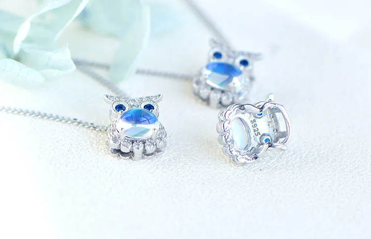 Owl Shaped Sterling Silver Blue Moonstone Pendant Necklace For Women