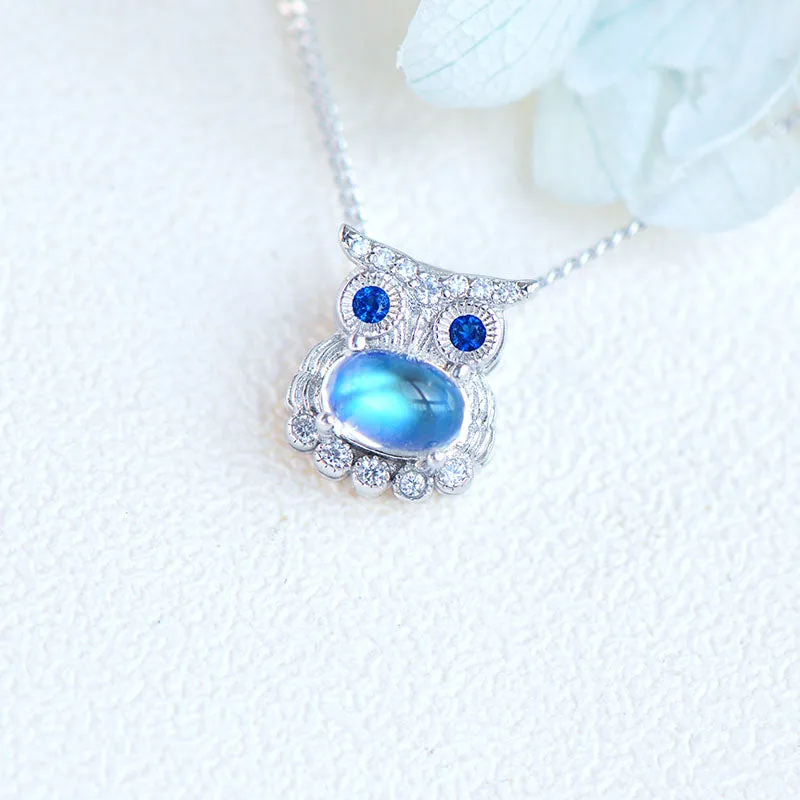 Owl Shaped Sterling Silver Blue Moonstone Pendant Necklace For Women